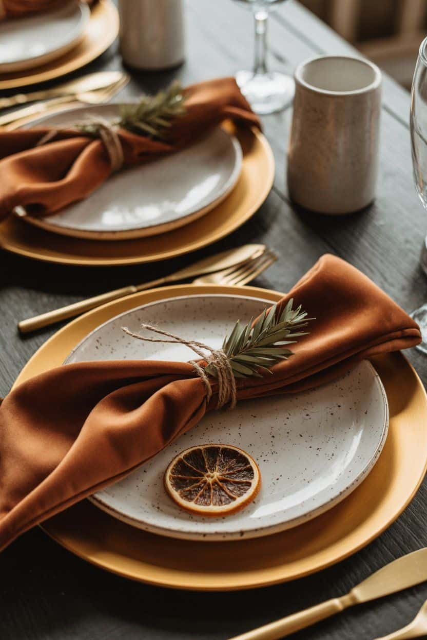 Rustic winter table setting with gold chargers, orange slices, and brown napkins. Winter table decor.