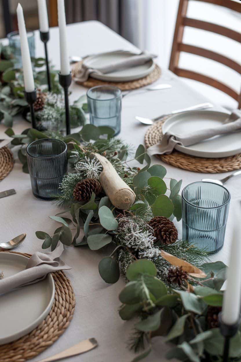 Elegant winter table setting with eucalyptus garland, candles, and place settings. Winter table decor.
