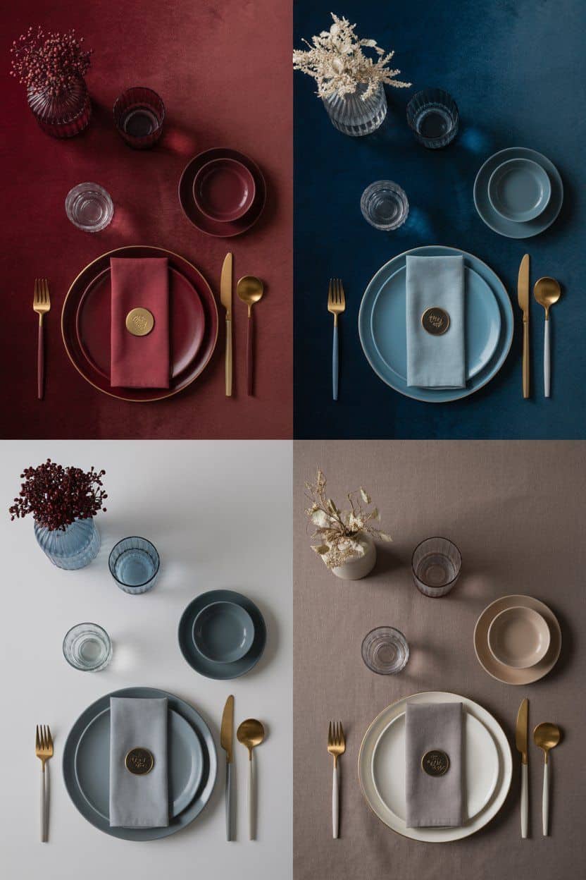 Four elegant winter table settings in varying colors. Winter table decor ideas.