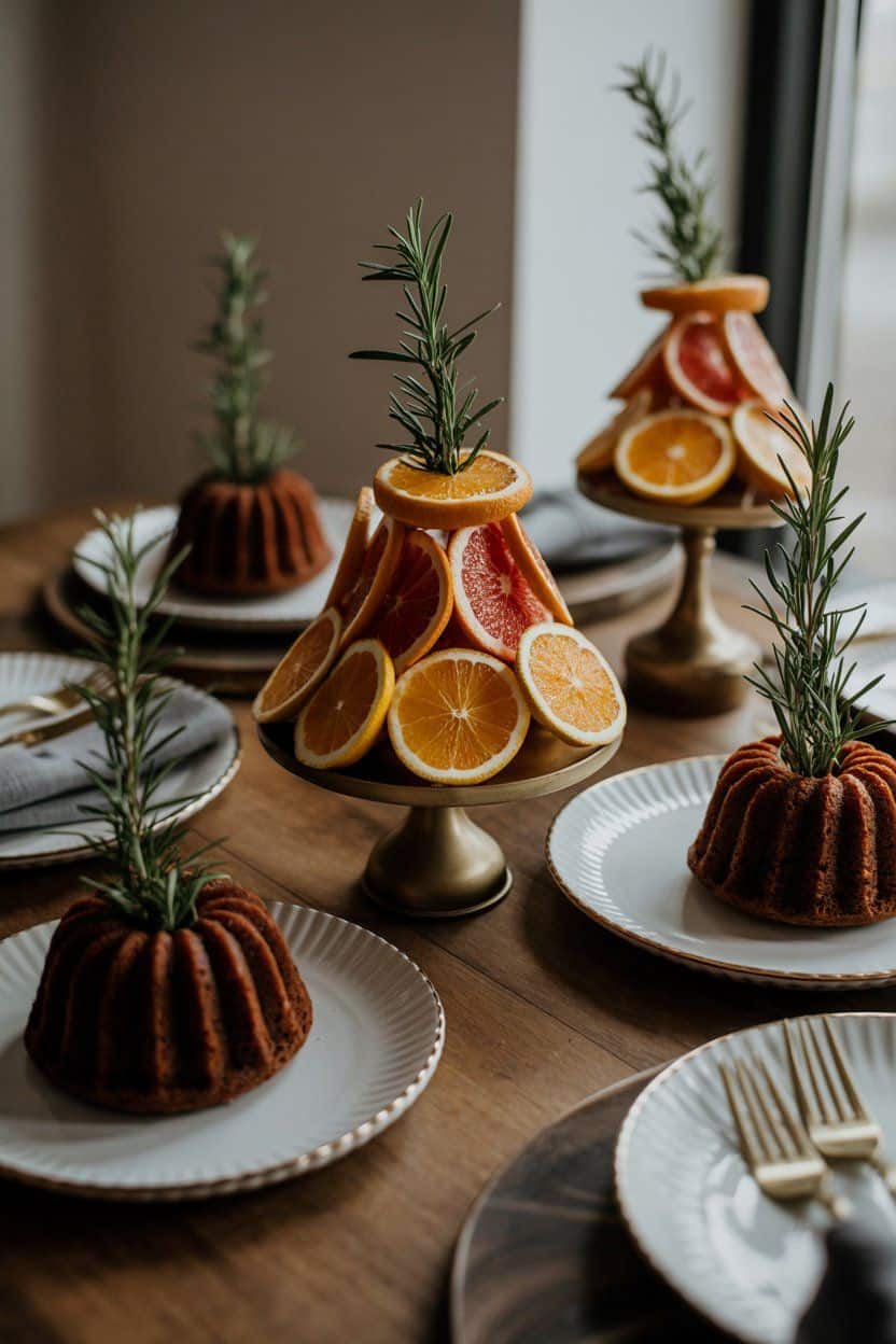 Rustic winter table setting with citrus fruit centerpieces and mini bundt cakes. Winter table decor.
