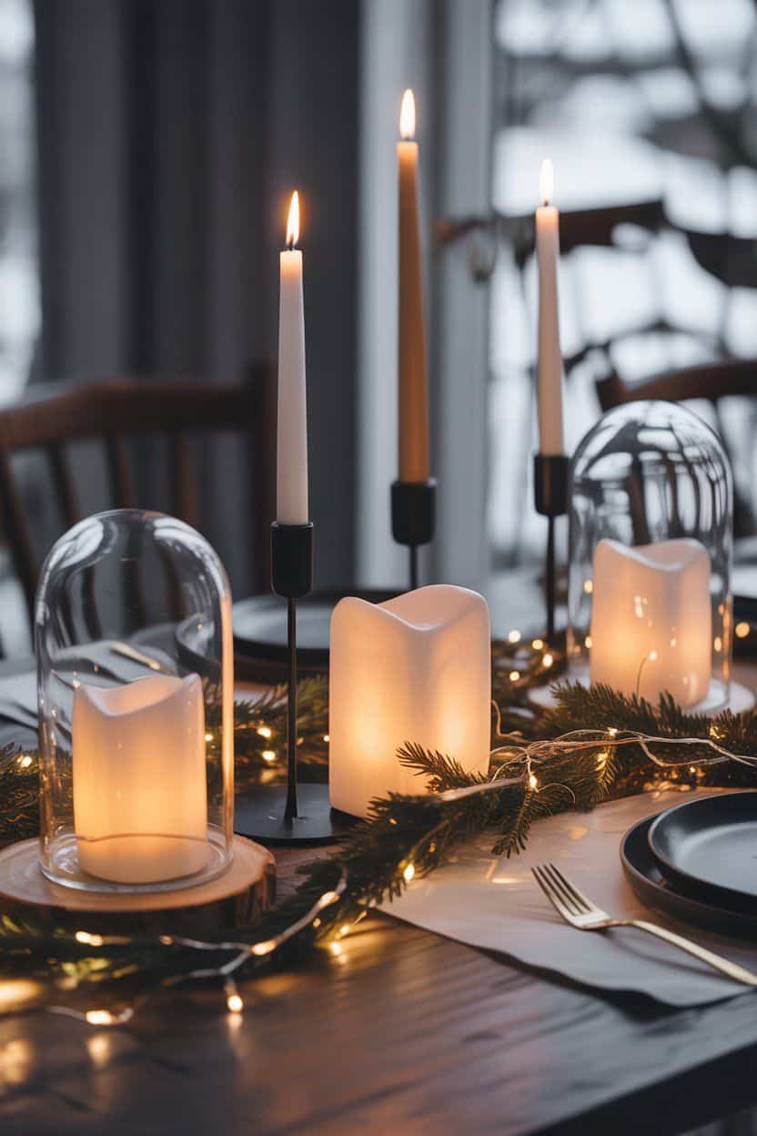 Cozy winter table setting with candles, greenery, and warm lighting. Perfect winter table decor for a festive dinner.