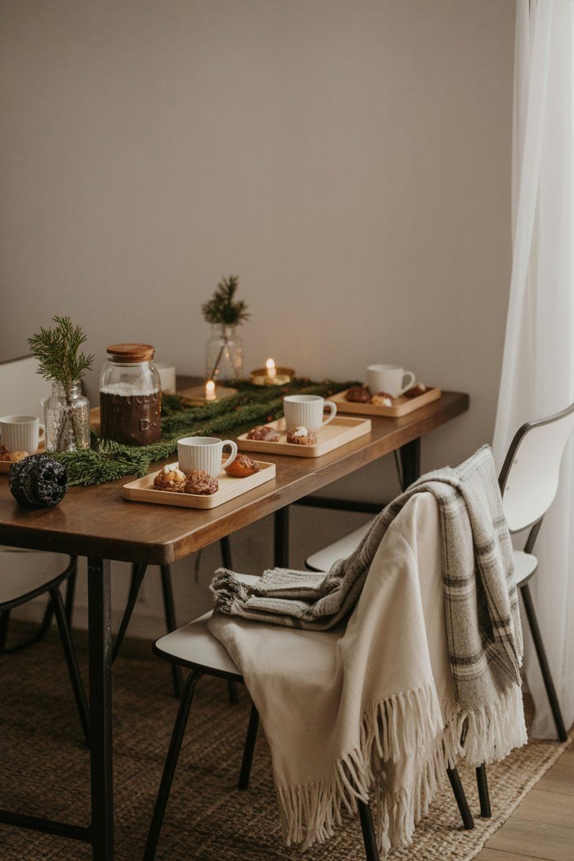 Cozy winter table setting with candles, evergreen boughs, and treats. Winter table decor ideas.