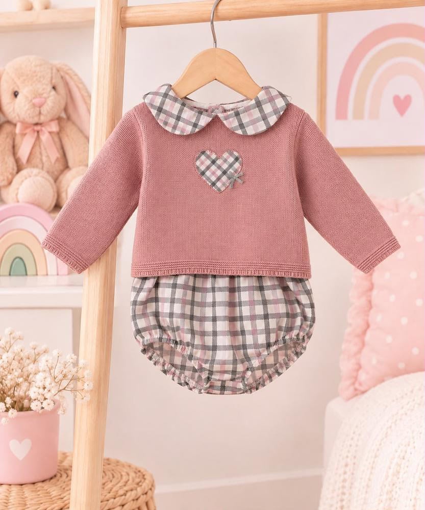 Conjunto Braga cuadros y jersey rosa Corazón