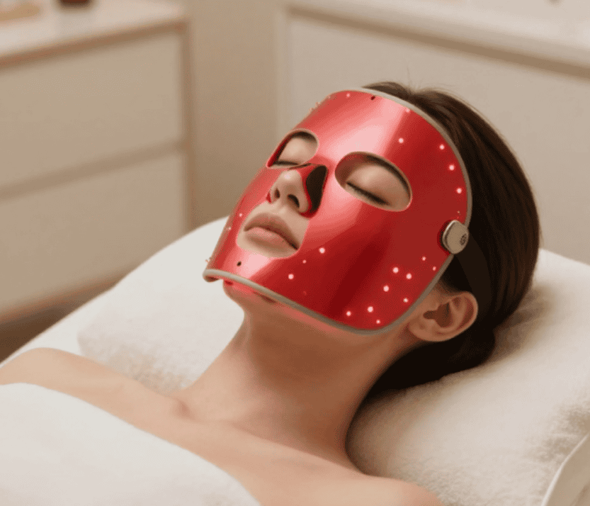 Woman wearing an LED face mask with red light during an at-home skin treatment