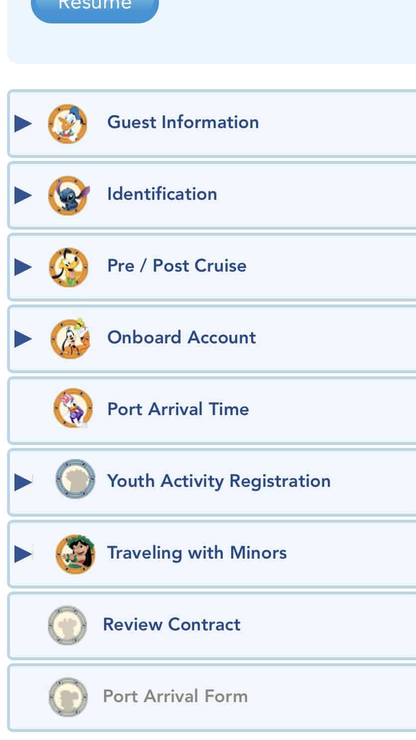 picture of Disney Cruise Line navigator app check in menu