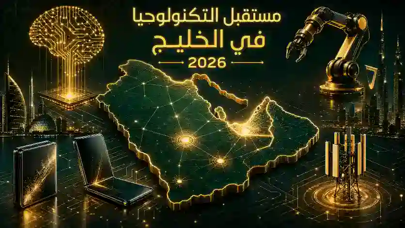 اتجاهات التقنية في الخليج 2026 - خريطة منطقة الخليج مع تقنيات الذكاء الاصطناعي والمدن الذكية والهواتف القابلة للطي على خلفية خضراء وذهبية.