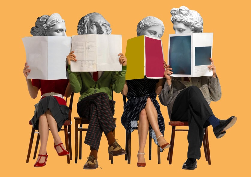 People, men and women with antique statue head sitting on chairs and reading newspaper, magazines. Contemporary art collage.