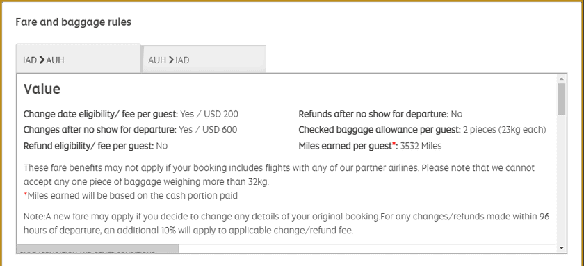 Etihad Airways - sample fare rules for Value fare class
