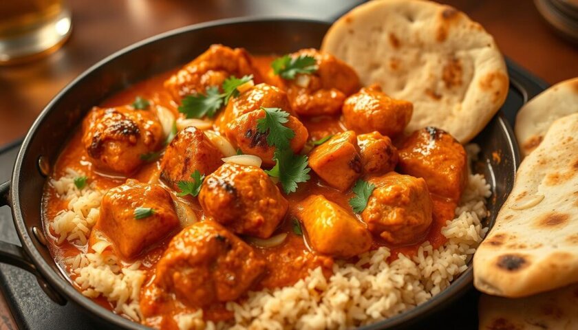 Creamy butter chicken served in a skillet with rich sauce and fresh herbs