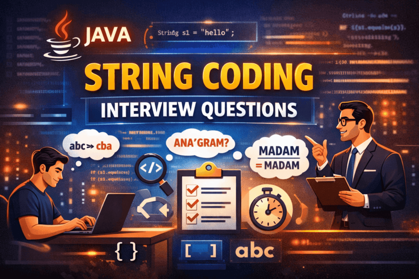 Java String Coding Interview Questions with examples like reverse string, anagram and palindrome in Java