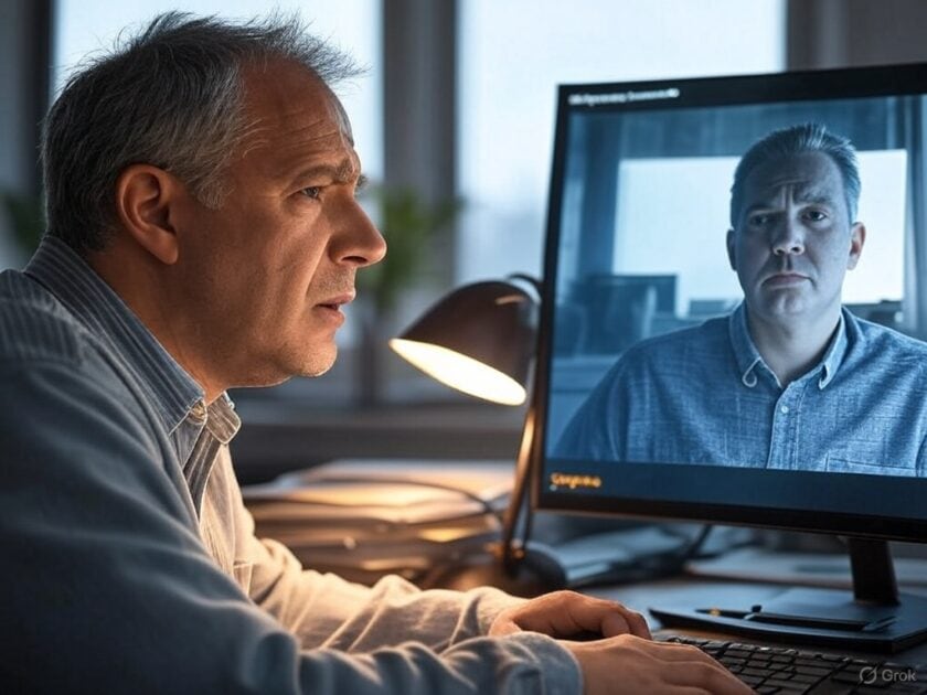 A man looks with concern at a computer screen showing a distorted image of himself, illustrating the potential for AI vs Deepfake Scams.