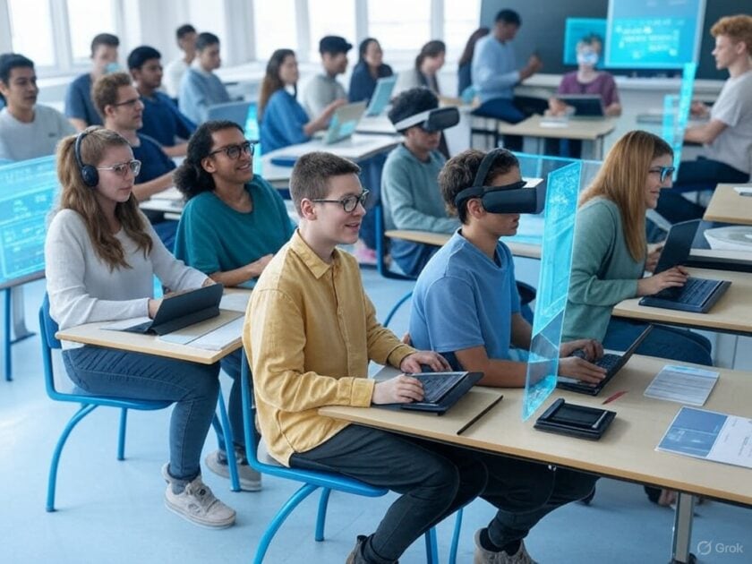 AI Virtual Learning Students collaborate in a digital classroom with AI generated visuals.