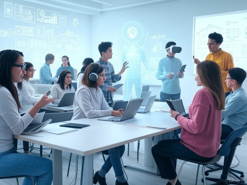 AI Virtual Learning Students engaged with laptops and VR headsets in an interactive classroom setting.