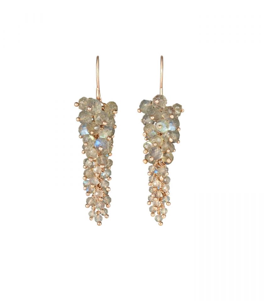 Long drop earrings with labradorite stones and rose gold