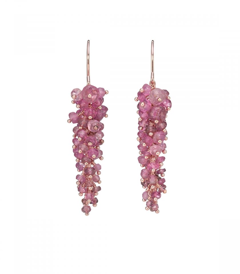 Pink tourmaline beaded drop earrings on a white background