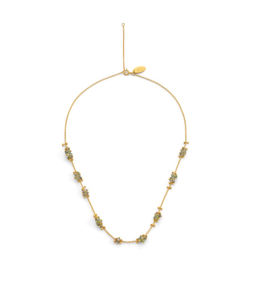 Green sapphire hand beaded necklace in gold plated silver