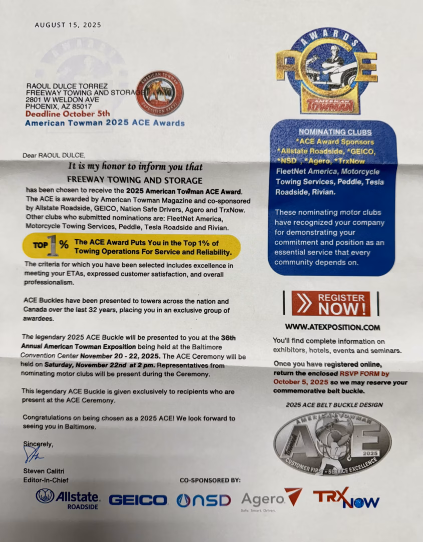 Freeway Towing & Storage 2025 ACE Award letter - Top 1% of towing companies nationwide