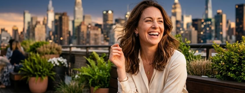 Woman smiling on a Manhattan rooftop at golden hour
