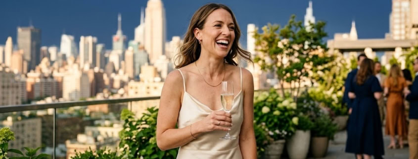 Bride laughing on a Manhattan rooftop in a champagne silk slip wedding dress