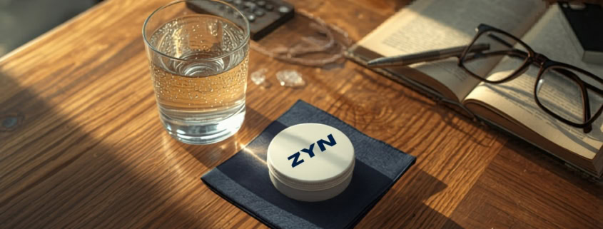 Editorial flat-lay of a desk with a ZYN nicotine pouch tin