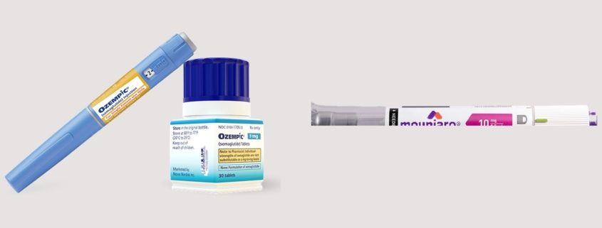 Ozempic semaglutide pen and pill bottle alongside Mounjaro tirzepatide pen — GLP-1 medications and dental health