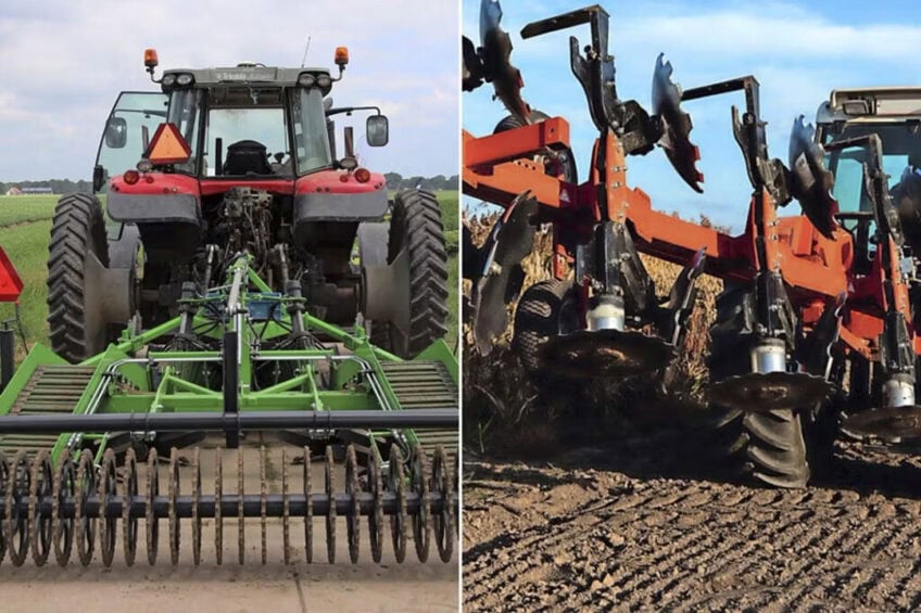 Ploughing, but without the well-known shares. Two new plow concepts are on the eve of their introduction: frontless bed plow Butterfly (left) and disc plow Huberpflug. - Photos: Steverink Techniek / Huber