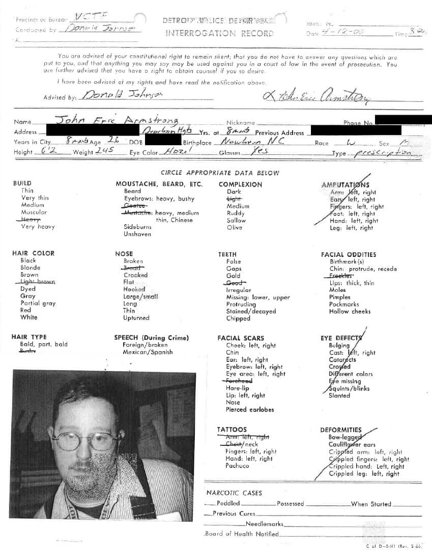 One of the Armstrong’s interrogation records. Image: DPD files.