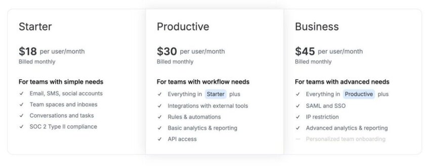 Missive pricing page screenshot