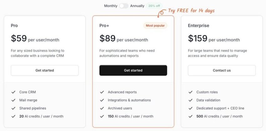 Pricing page screenshot of Streak