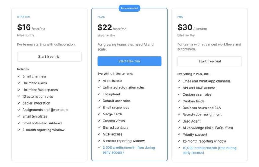 Pricing page screenshot of Drag
