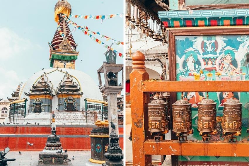 Stupa and prayer wheels in Kathmandu, Nepal.