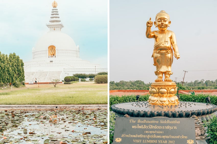 Outside of the World Peace Pagoda in Lumbini and the Bodhisttva Siddhattha.