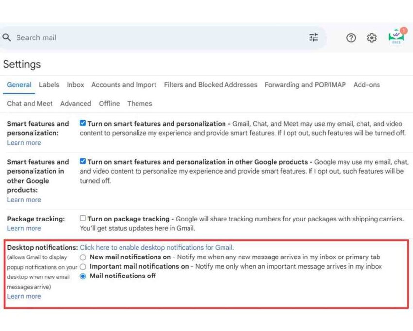 Switching on Gmail Notifications