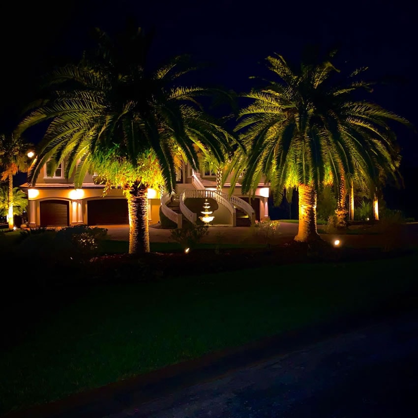 outdoor landscape lighting shown on house at night