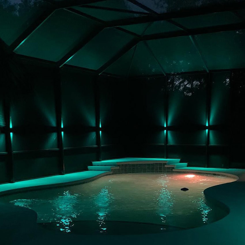 lighting inside pool and outside on screened patio