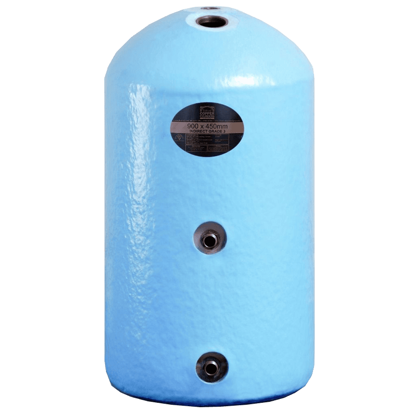 Conventional domestic blue copper insulated hot water cylinder. Indirect type.