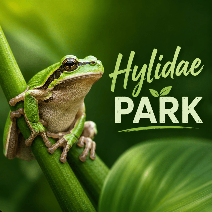Green treefrog beside Hylidae Park text.