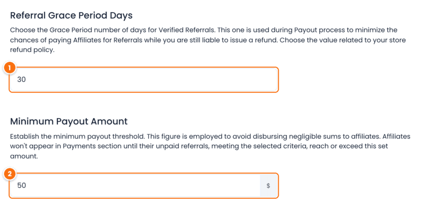 Referral Grace Period Days set to 30 and Minimum Payout Amount set to 50 in Ultimate Affiliate Pro Payout Settings