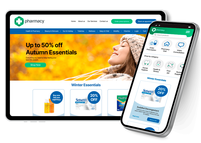 Charac pharmacy e-commerce platform on tablet and mobile for OTC sales and service access
