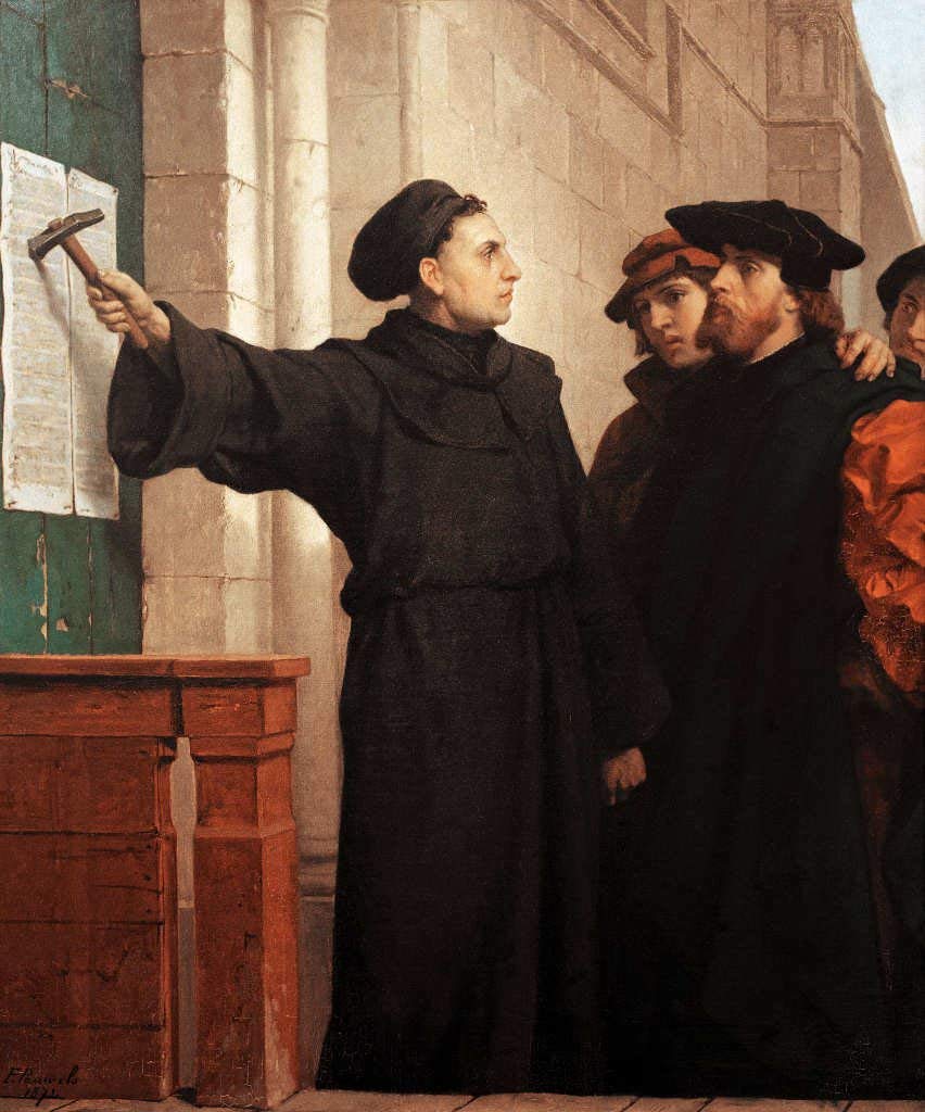 Martin Luther posting the 95 Theses in Wittenberg, sparking the Protestant Reformation