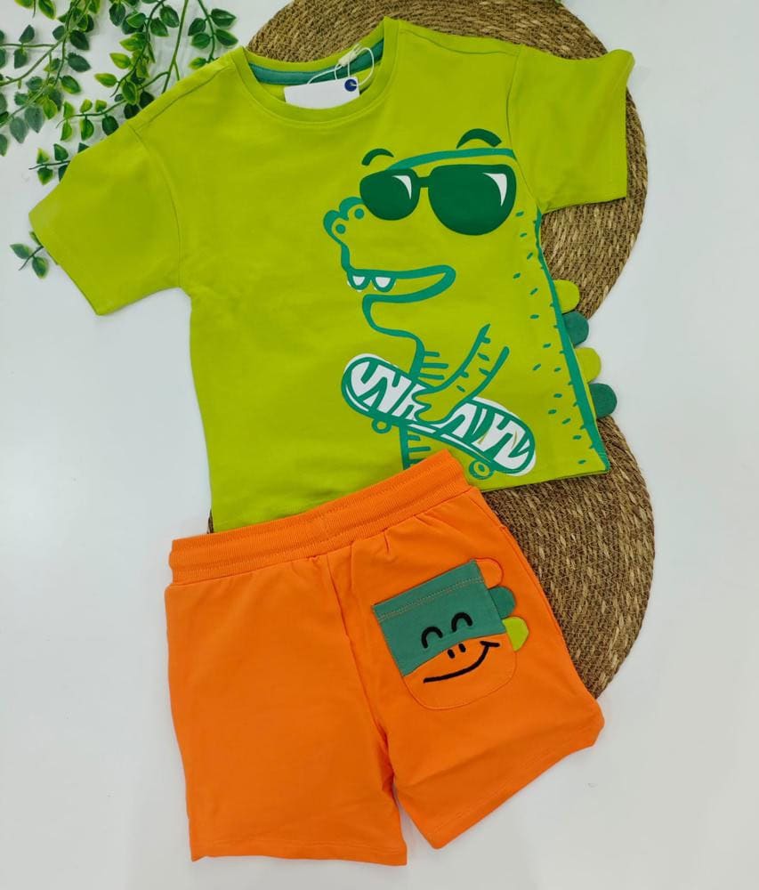 Conjunto 2pzas dinosaurio naranja y verde apliques
