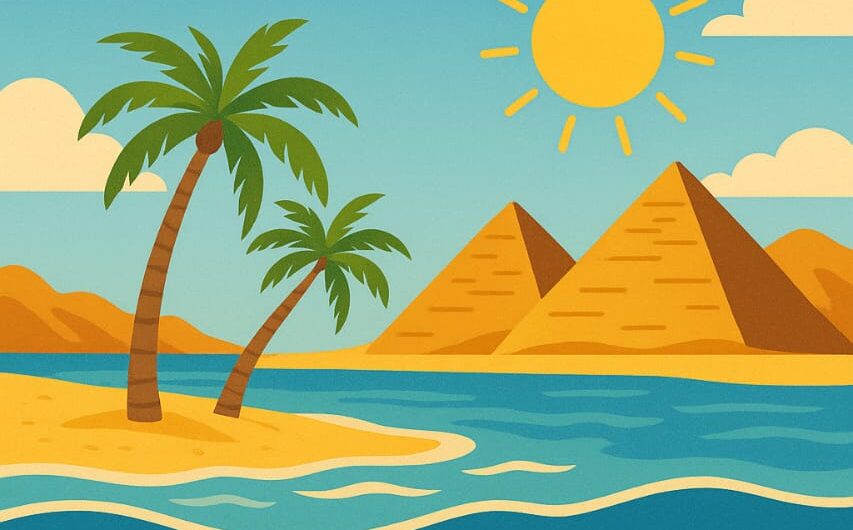 Illustration zum Wetter Ägypten April mit Sonne, warmem Meer, tropischen Palmen, Fischen und Pyramiden im Hintergrund – perfekte Bedingungen für einen Badeurlaub.