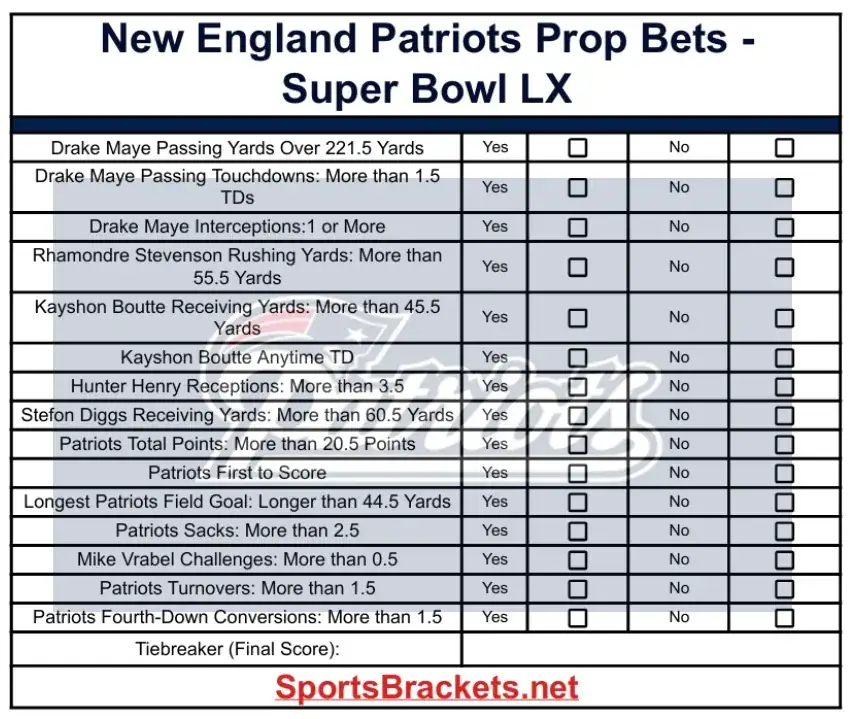 New England Patriots Prop Bets Super Bowl LX - Sports Brackets Printable New England Patriots Prop Bets Sheet