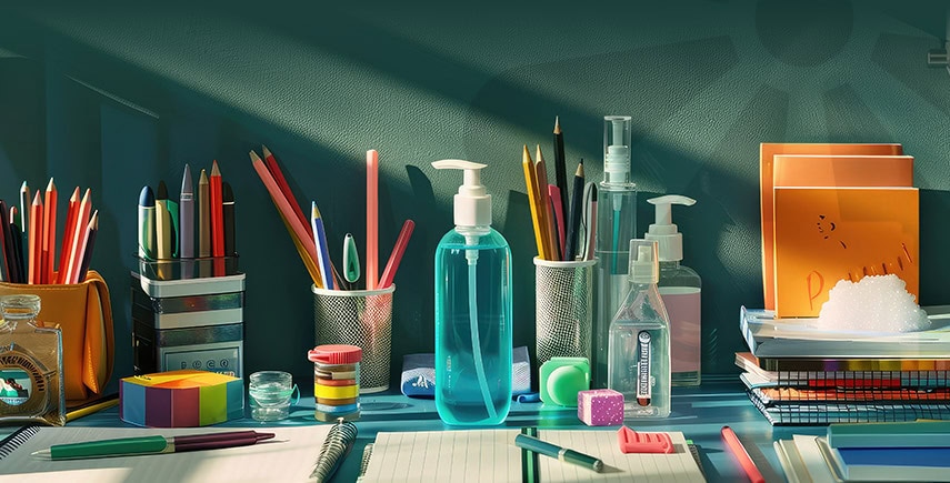 Organized preschool desk with sanitizer and tissues, ensuring a hygienic play area for children.