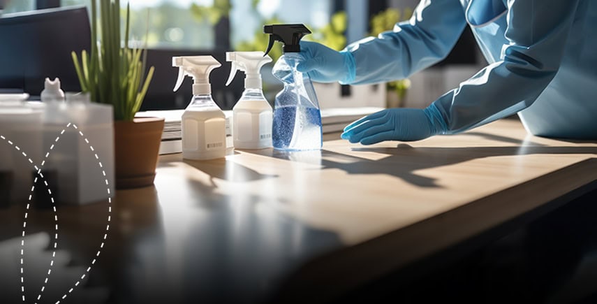 Person in gloves disinfecting a desk with spray, showcasing the future of hygiene with advanced cleaning.