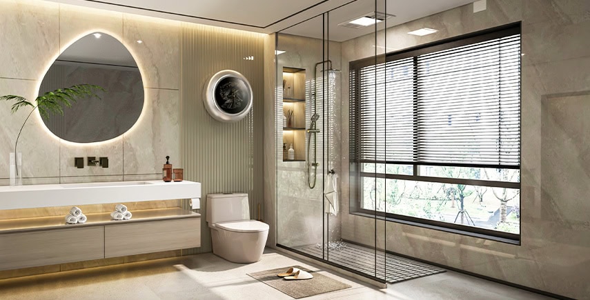 Modern bathroom with clean fixtures and tidy surfaces, meeting high washroom hygiene standards.