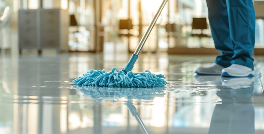 Janitor mopping an office floor with a blue mop, using superior hygiene products for a spotless clean.