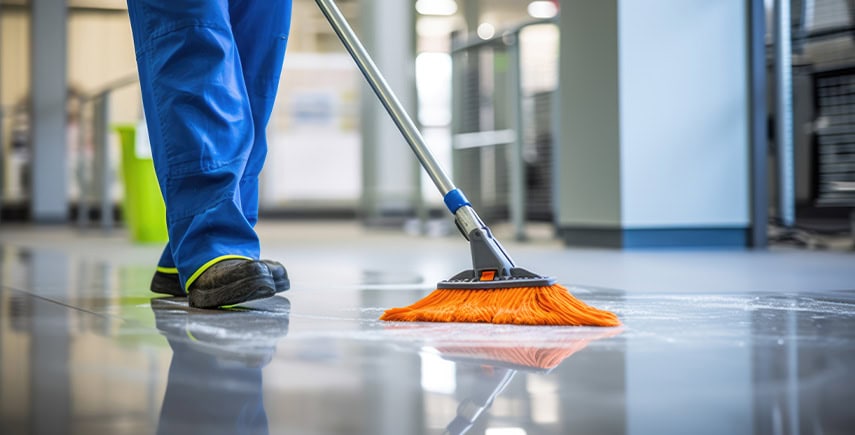 Janitor using an orange mop for enzyme-based cleaning, ensuring a hygienic and shiny office floor.