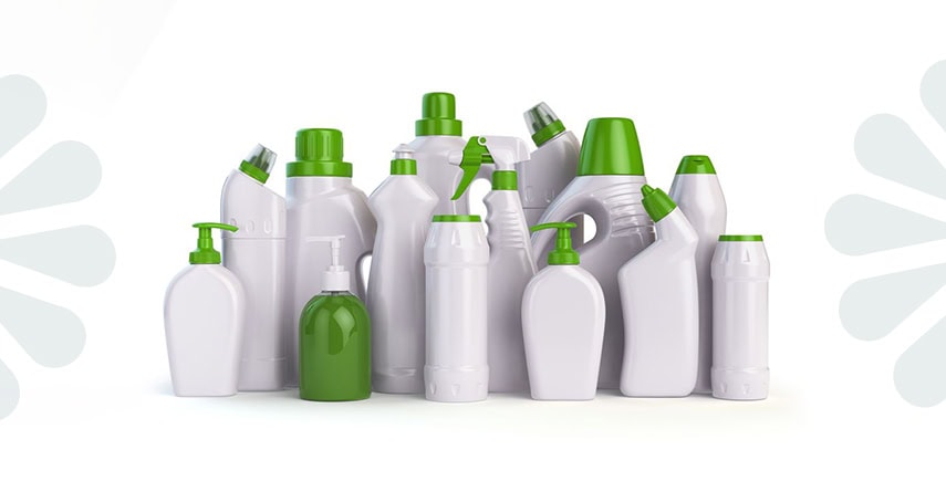 Collection of cleaning products with green caps, adhering to ISO standards for safety and quali