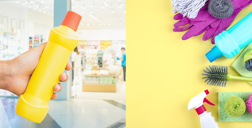 Comparison of a yellow retail cleaning product bottle and various all-in-one cleaning tools on a bright background.